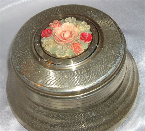 vintage metal powder music box|antique powder puff music box.